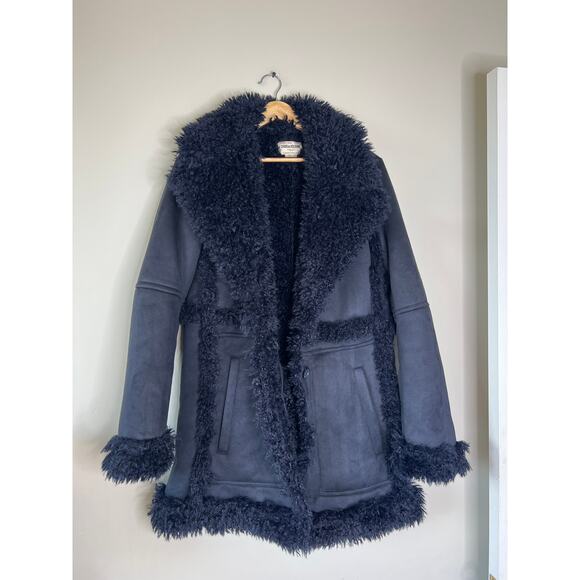 NEW Zadig & Voltaire Festif Faux Shearling Button Maxi Coat Navy Blue Size: S - Picture 2 of 7